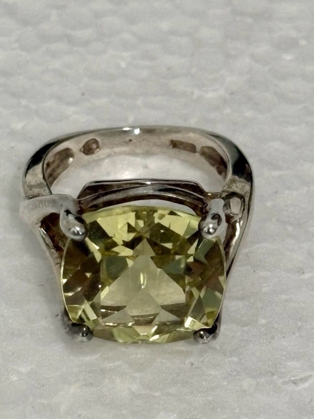Vintage Sterling Silver Cushion Cut Yellow/Green Quartz/Topaz Statement Ring 5.5